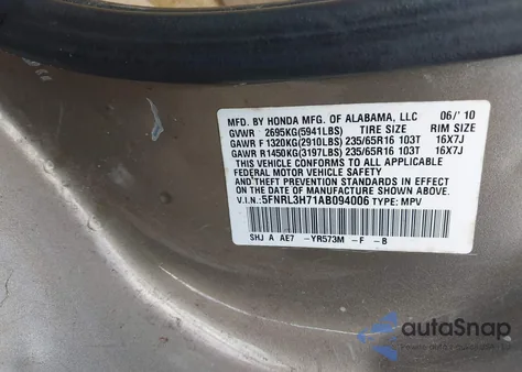 2010 Honda Odyssey Ex-L from USA, damaged, VIN 5FNRL3H71AB094006